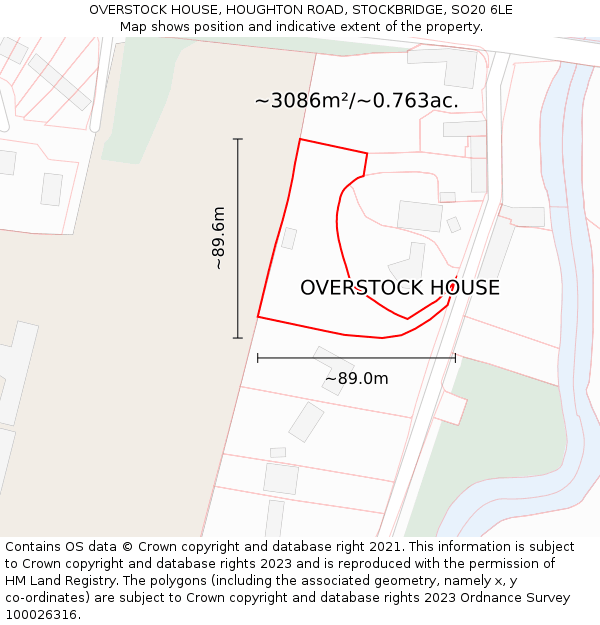 OVERSTOCK HOUSE, HOUGHTON ROAD, STOCKBRIDGE, SO20 6LE: Plot and title map
