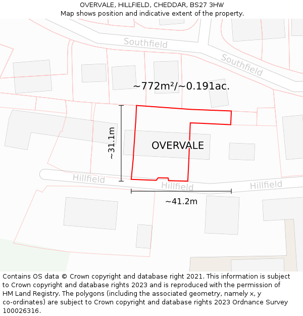 OVERVALE, HILLFIELD, CHEDDAR, BS27 3HW: Plot and title map