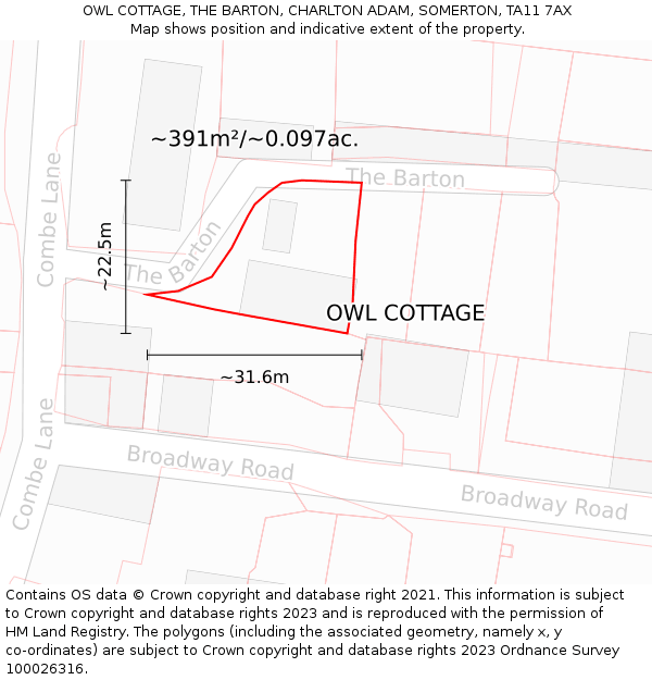 OWL COTTAGE, THE BARTON, CHARLTON ADAM, SOMERTON, TA11 7AX: Plot and title map