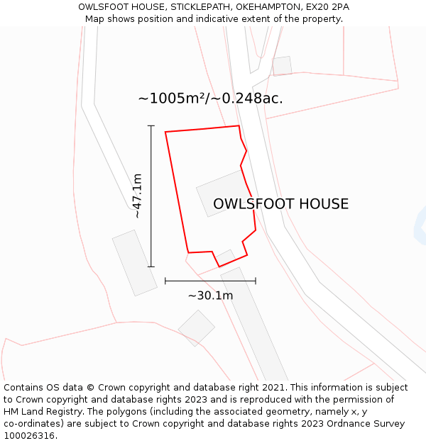 OWLSFOOT HOUSE, STICKLEPATH, OKEHAMPTON, EX20 2PA: Plot and title map