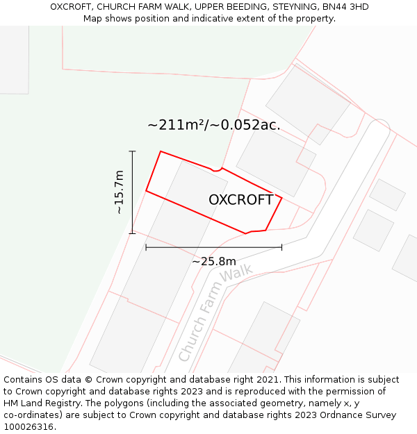 OXCROFT, CHURCH FARM WALK, UPPER BEEDING, STEYNING, BN44 3HD: Plot and title map