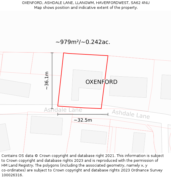 OXENFORD, ASHDALE LANE, LLANGWM, HAVERFORDWEST, SA62 4NU: Plot and title map