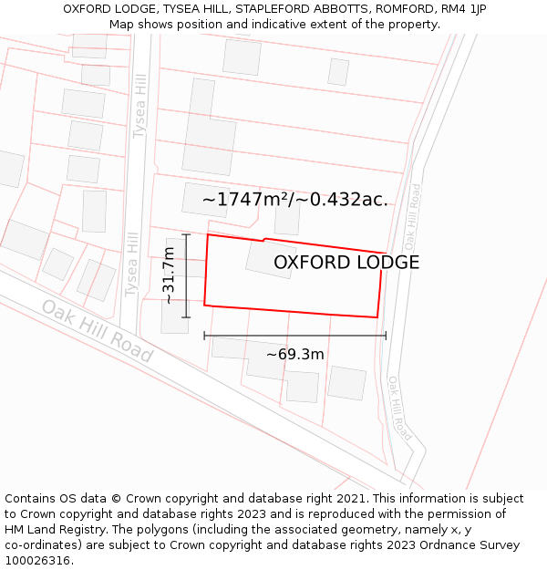 OXFORD LODGE, TYSEA HILL, STAPLEFORD ABBOTTS, ROMFORD, RM4 1JP: Plot and title map