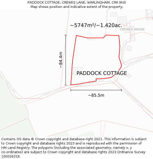 PADDOCK COTTAGE, CREWES LANE, WARLINGHAM, CR6 9NS: Plot and title map