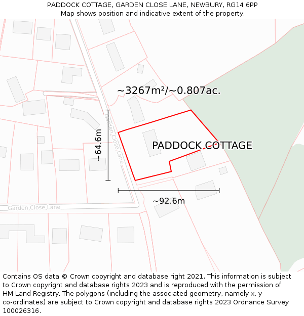 PADDOCK COTTAGE, GARDEN CLOSE LANE, NEWBURY, RG14 6PP: Plot and title map