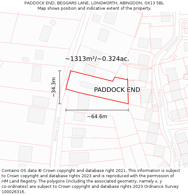 PADDOCK END, BEGGARS LANE, LONGWORTH, ABINGDON, OX13 5BL: Plot and title map