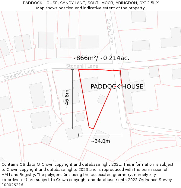 PADDOCK HOUSE, SANDY LANE, SOUTHMOOR, ABINGDON, OX13 5HX: Plot and title map