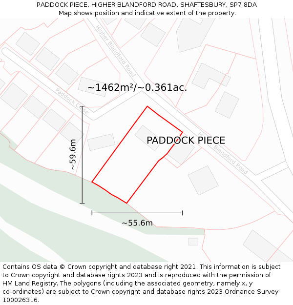 PADDOCK PIECE, HIGHER BLANDFORD ROAD, SHAFTESBURY, SP7 8DA: Plot and title map