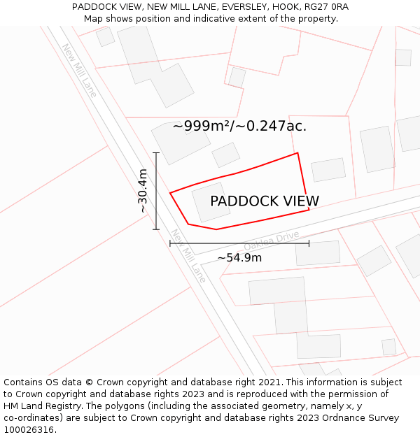 PADDOCK VIEW, NEW MILL LANE, EVERSLEY, HOOK, RG27 0RA: Plot and title map