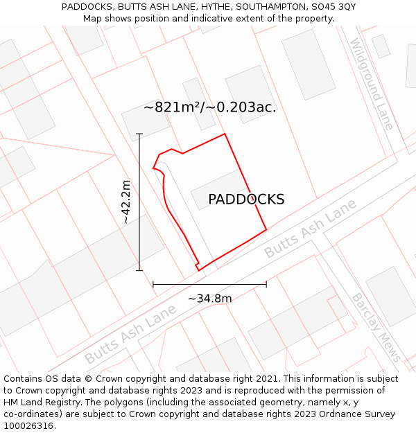 PADDOCKS, BUTTS ASH LANE, HYTHE, SOUTHAMPTON, SO45 3QY: Plot and title map