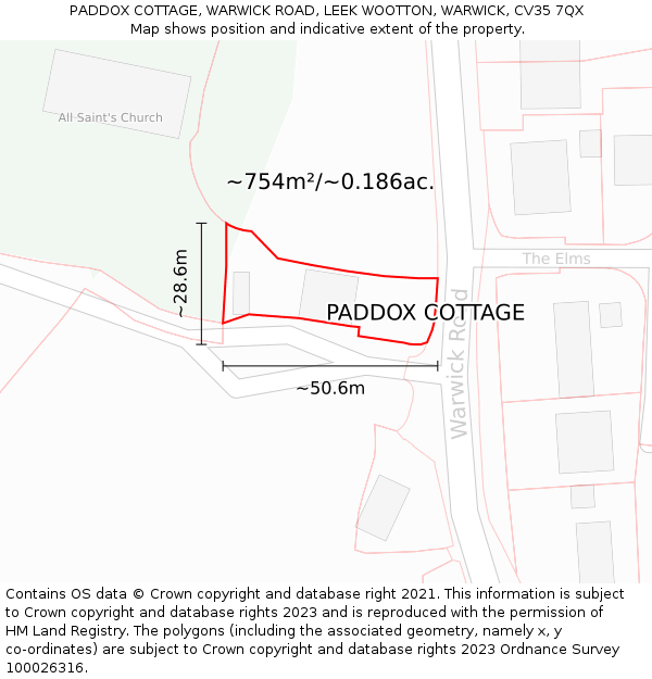 PADDOX COTTAGE, WARWICK ROAD, LEEK WOOTTON, WARWICK, CV35 7QX: Plot and title map