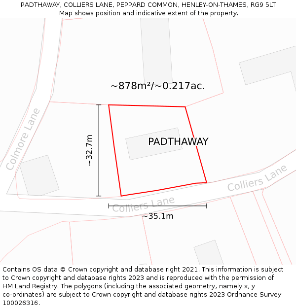 PADTHAWAY, COLLIERS LANE, PEPPARD COMMON, HENLEY-ON-THAMES, RG9 5LT: Plot and title map