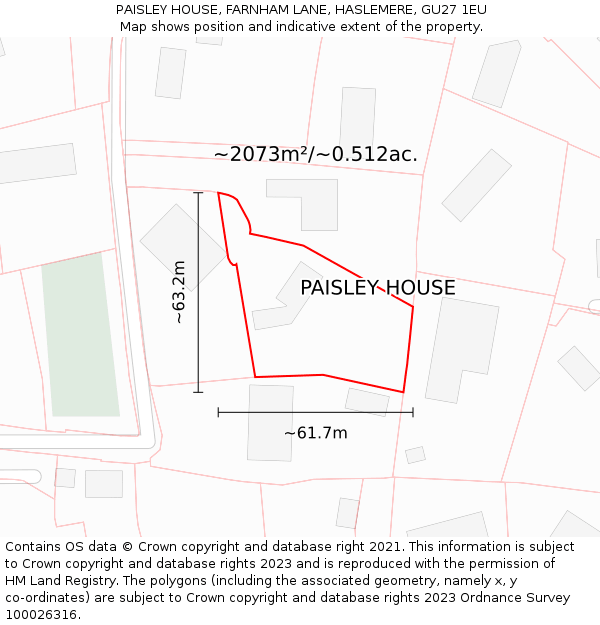 PAISLEY HOUSE, FARNHAM LANE, HASLEMERE, GU27 1EU: Plot and title map