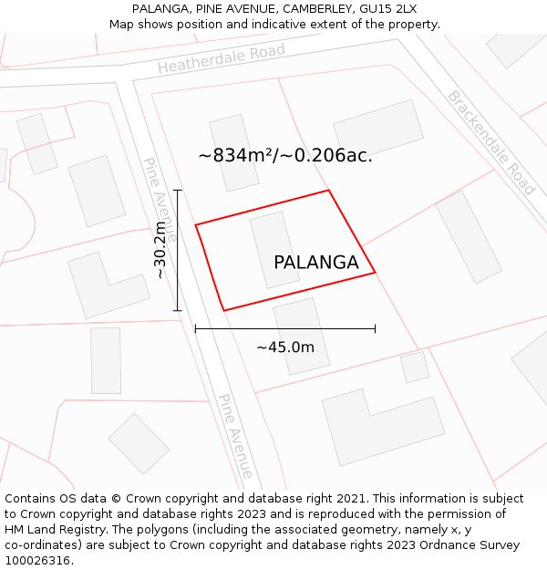 PALANGA, PINE AVENUE, CAMBERLEY, GU15 2LX: Plot and title map