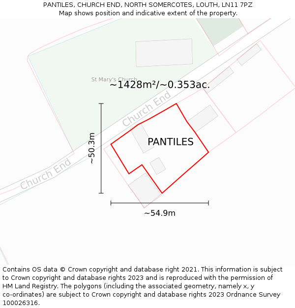 PANTILES, CHURCH END, NORTH SOMERCOTES, LOUTH, LN11 7PZ: Plot and title map