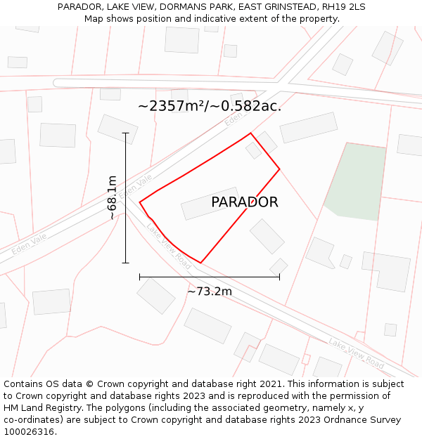 PARADOR, LAKE VIEW, DORMANS PARK, EAST GRINSTEAD, RH19 2LS: Plot and title map