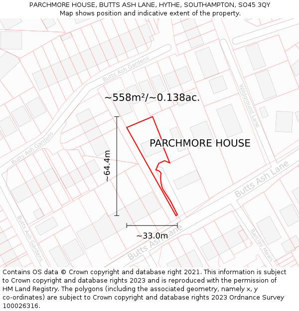 PARCHMORE HOUSE, BUTTS ASH LANE, HYTHE, SOUTHAMPTON, SO45 3QY: Plot and title map