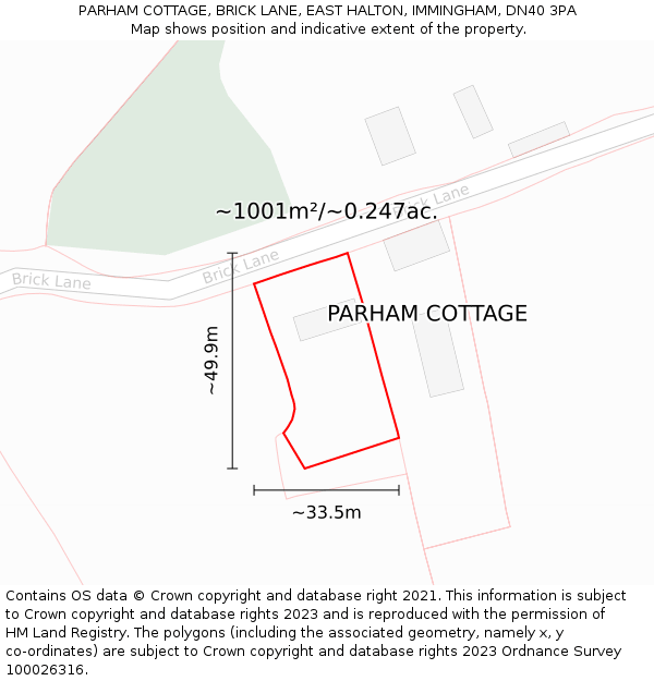 PARHAM COTTAGE, BRICK LANE, EAST HALTON, IMMINGHAM, DN40 3PA: Plot and title map