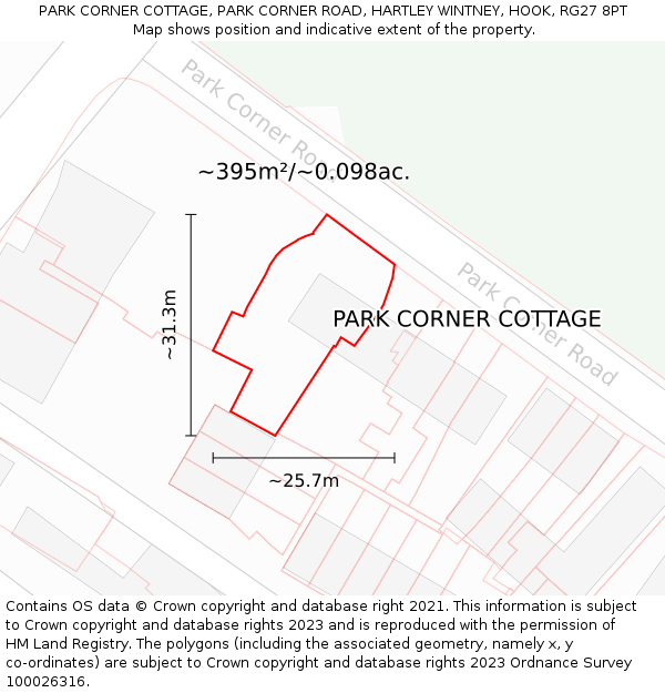 PARK CORNER COTTAGE, PARK CORNER ROAD, HARTLEY WINTNEY, HOOK, RG27 8PT: Plot and title map