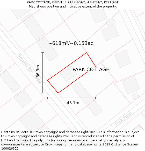 PARK COTTAGE, GREVILLE PARK ROAD, ASHTEAD, KT21 2QT: Plot and title map