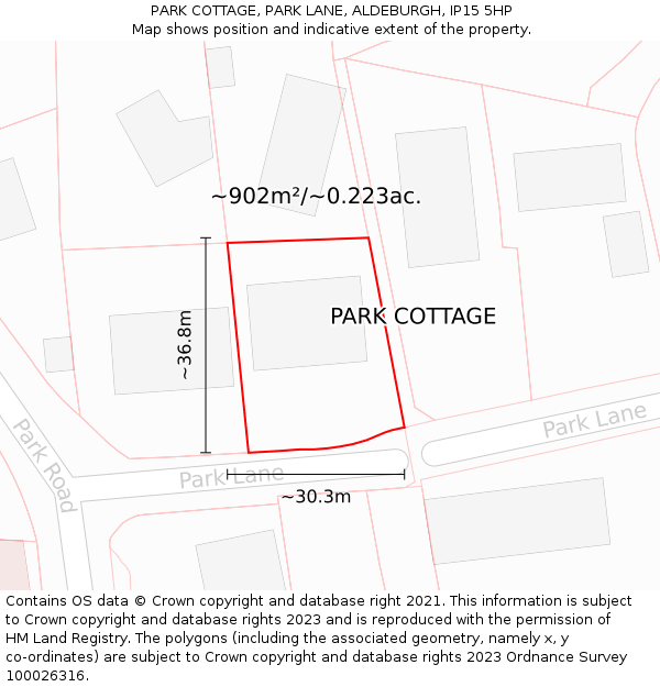 PARK COTTAGE, PARK LANE, ALDEBURGH, IP15 5HP: Plot and title map