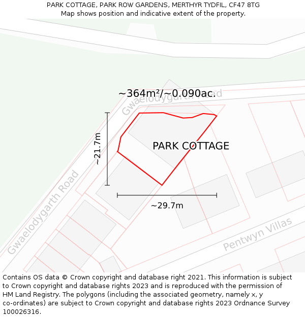 PARK COTTAGE, PARK ROW GARDENS, MERTHYR TYDFIL, CF47 8TG: Plot and title map