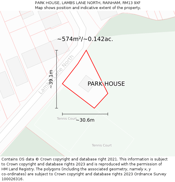 PARK HOUSE, LAMBS LANE NORTH, RAINHAM, RM13 9XF: Plot and title map