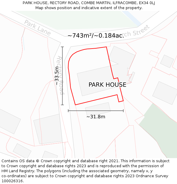 PARK HOUSE, RECTORY ROAD, COMBE MARTIN, ILFRACOMBE, EX34 0LJ: Plot and title map