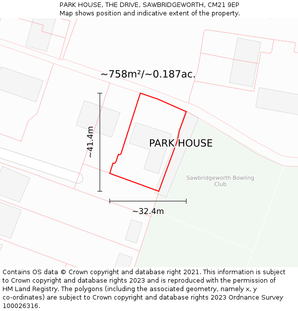PARK HOUSE, THE DRIVE, SAWBRIDGEWORTH, CM21 9EP: Plot and title map