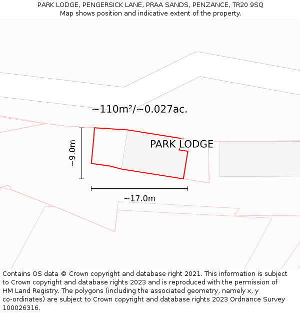 PARK LODGE, PENGERSICK LANE, PRAA SANDS, PENZANCE, TR20 9SQ: Plot and title map