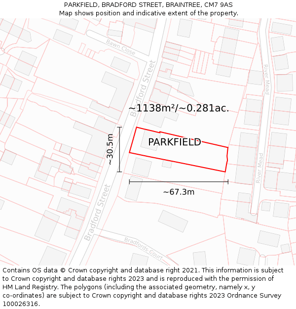 PARKFIELD, BRADFORD STREET, BRAINTREE, CM7 9AS: Plot and title map