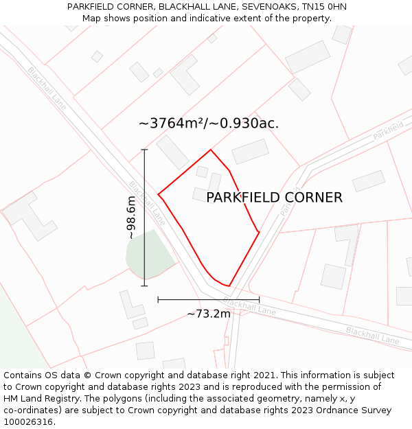 PARKFIELD CORNER, BLACKHALL LANE, SEVENOAKS, TN15 0HN: Plot and title map