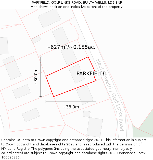 PARKFIELD, GOLF LINKS ROAD, BUILTH WELLS, LD2 3NF: Plot and title map