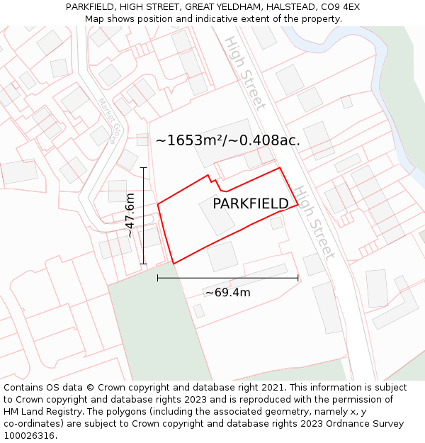 PARKFIELD, HIGH STREET, GREAT YELDHAM, HALSTEAD, CO9 4EX: Plot and title map