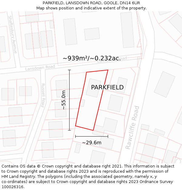 PARKFIELD, LANSDOWN ROAD, GOOLE, DN14 6UR: Plot and title map