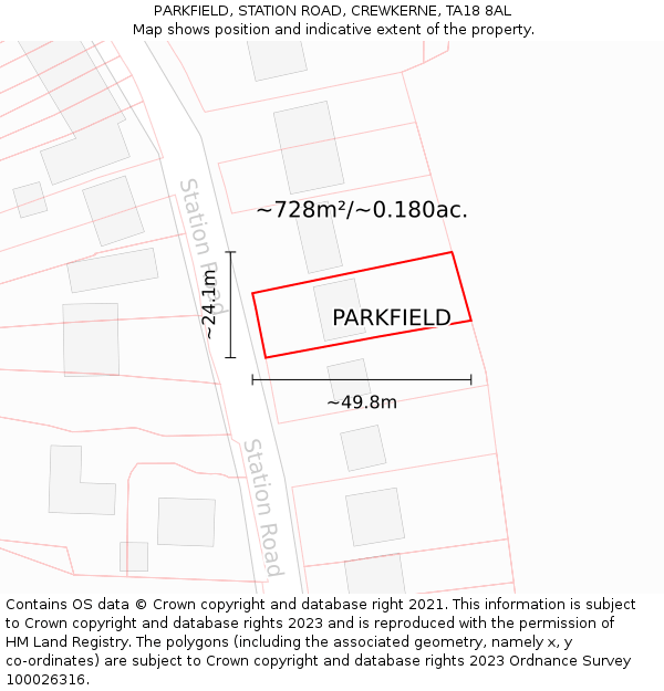 PARKFIELD, STATION ROAD, CREWKERNE, TA18 8AL: Plot and title map