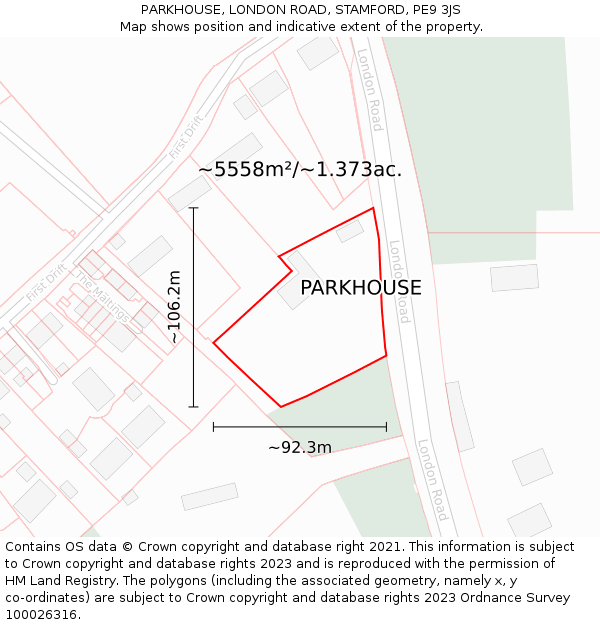 PARKHOUSE, LONDON ROAD, STAMFORD, PE9 3JS: Plot and title map