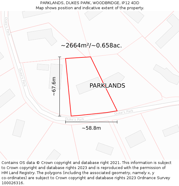 PARKLANDS, DUKES PARK, WOODBRIDGE, IP12 4DD: Plot and title map