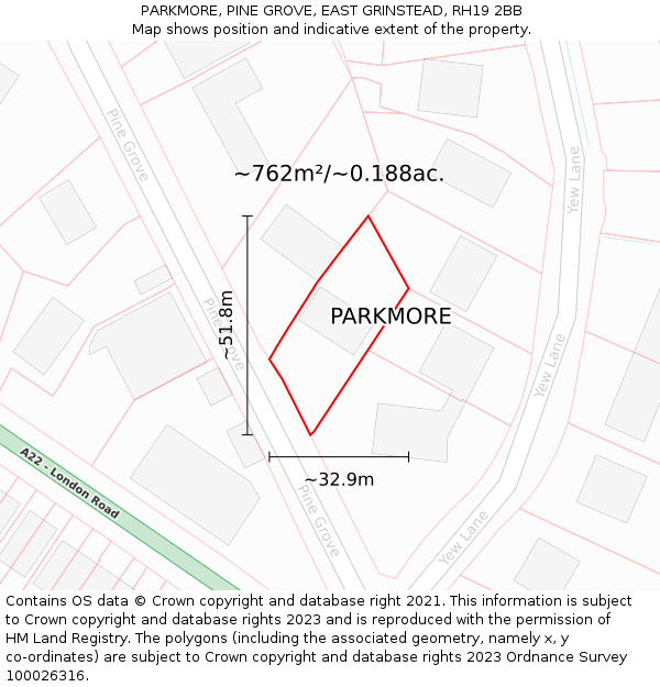 PARKMORE, PINE GROVE, EAST GRINSTEAD, RH19 2BB: Plot and title map
