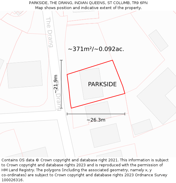 PARKSIDE, THE DRANG, INDIAN QUEENS, ST COLUMB, TR9 6PN: Plot and title map