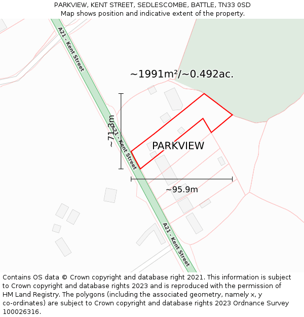 PARKVIEW, KENT STREET, SEDLESCOMBE, BATTLE, TN33 0SD: Plot and title map