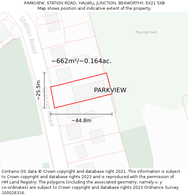 PARKVIEW, STATION ROAD, HALWILL JUNCTION, BEAWORTHY, EX21 5XB: Plot and title map