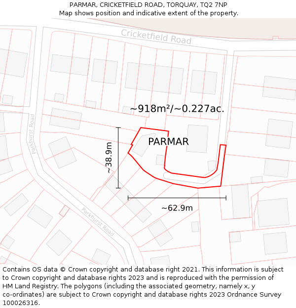 PARMAR, CRICKETFIELD ROAD, TORQUAY, TQ2 7NP: Plot and title map