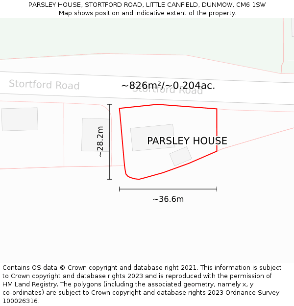 PARSLEY HOUSE, STORTFORD ROAD, LITTLE CANFIELD, DUNMOW, CM6 1SW: Plot and title map