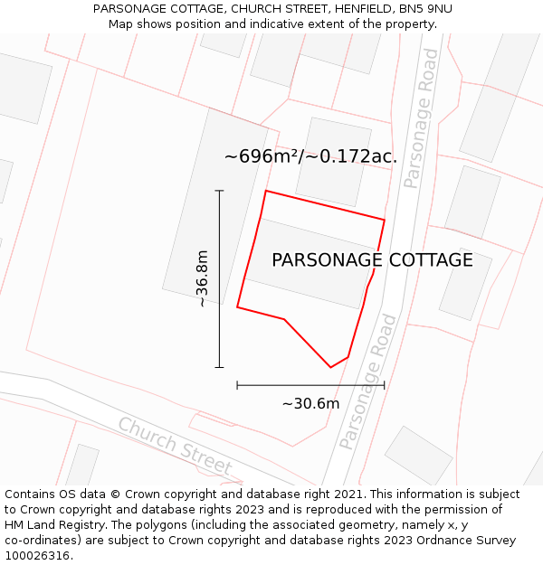 PARSONAGE COTTAGE, CHURCH STREET, HENFIELD, BN5 9NU: Plot and title map