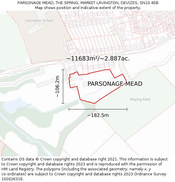 PARSONAGE MEAD, THE SPRING, MARKET LAVINGTON, DEVIZES, SN10 4EB: Plot and title map