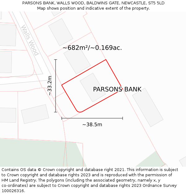 PARSONS BANK, WALLS WOOD, BALDWINS GATE, NEWCASTLE, ST5 5LD: Plot and title map