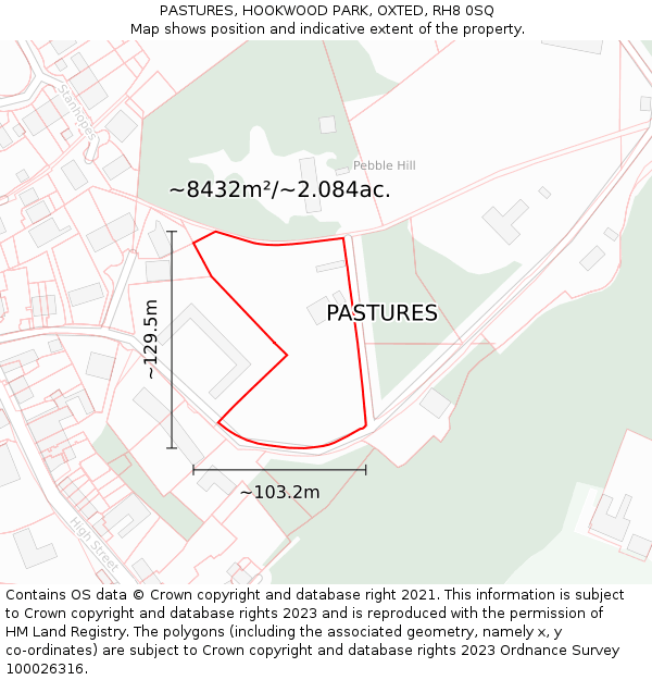 PASTURES, HOOKWOOD PARK, OXTED, RH8 0SQ: Plot and title map