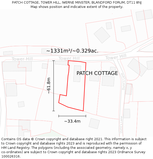 PATCH COTTAGE, TOWER HILL, IWERNE MINSTER, BLANDFORD FORUM, DT11 8NJ: Plot and title map