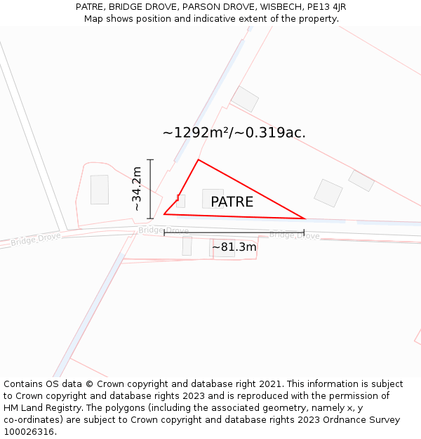 PATRE, BRIDGE DROVE, PARSON DROVE, WISBECH, PE13 4JR: Plot and title map